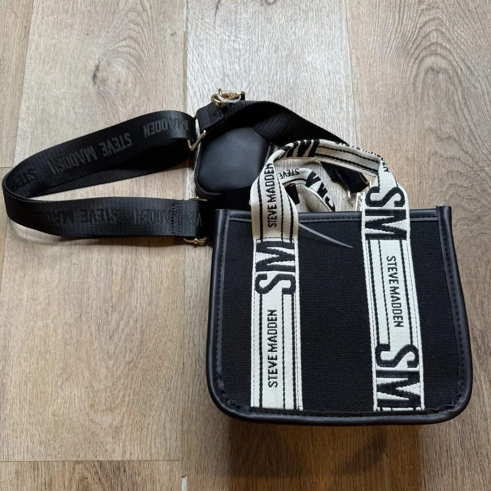 Steve Madden Bwebber Convertible Tote Bag  Black‎ White Hardware NWOT
